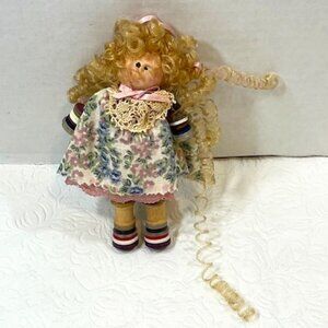 Handmade Standing Button Wooden Blonde Curly Haired Doll 5"